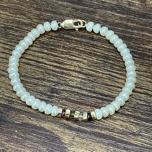 14k Yellow Gold Beads & Cultured White Pearl Bracelet 8"